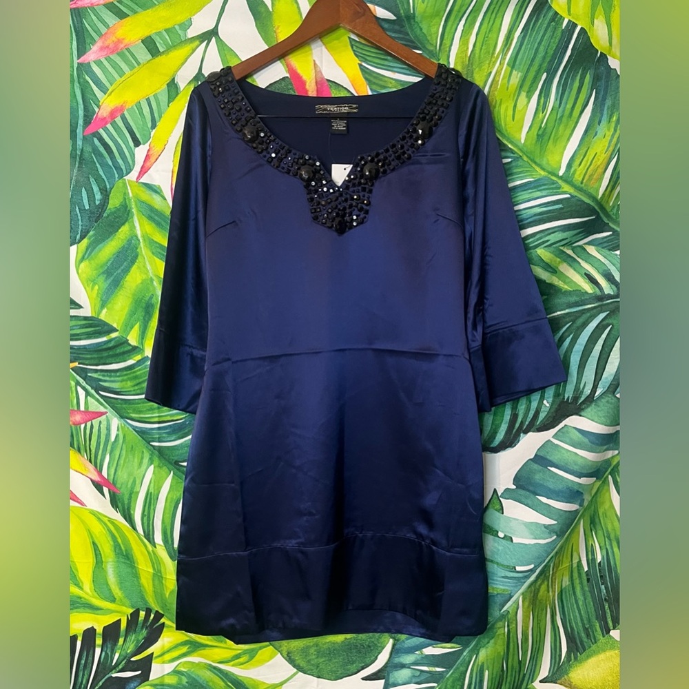 Veritgo Paris L Deep Blue Beaded V Neck Dressy Date Night Sheath Winter Dress